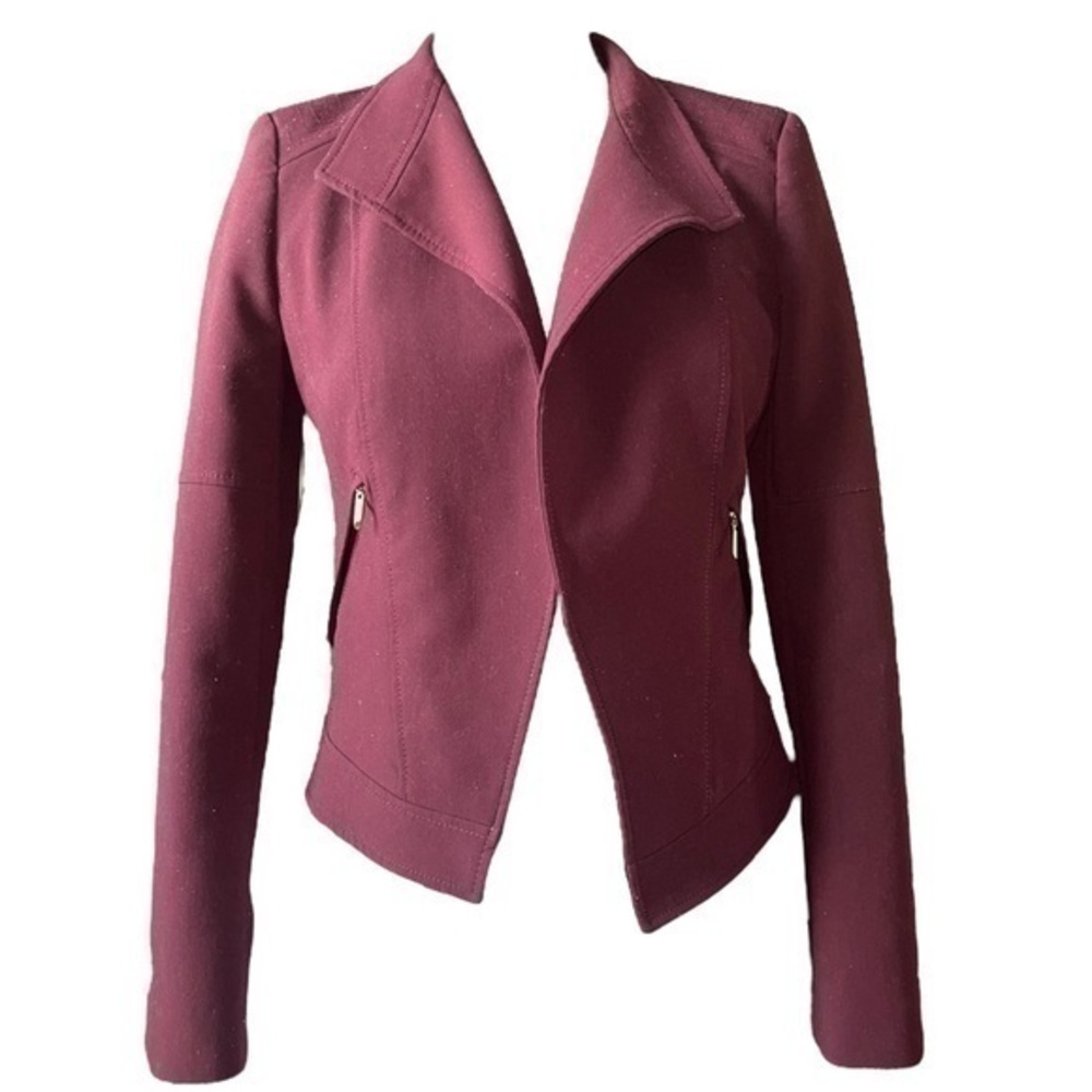 WHBM Stitched Shoulder Plum Open Front Semi Cropped Moto Style Blazer Size 6